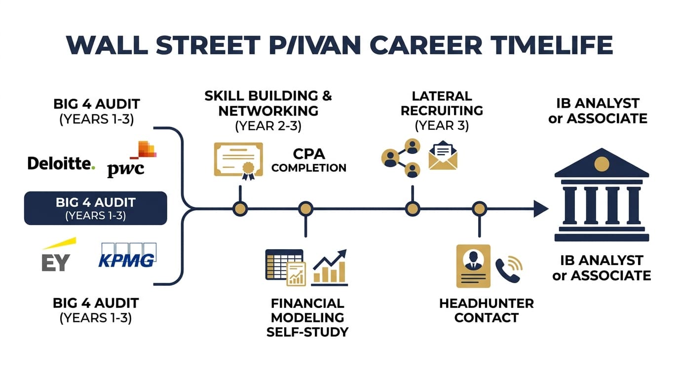 Career transition path from Big 4 audit to investment banking with key milestones and timeline