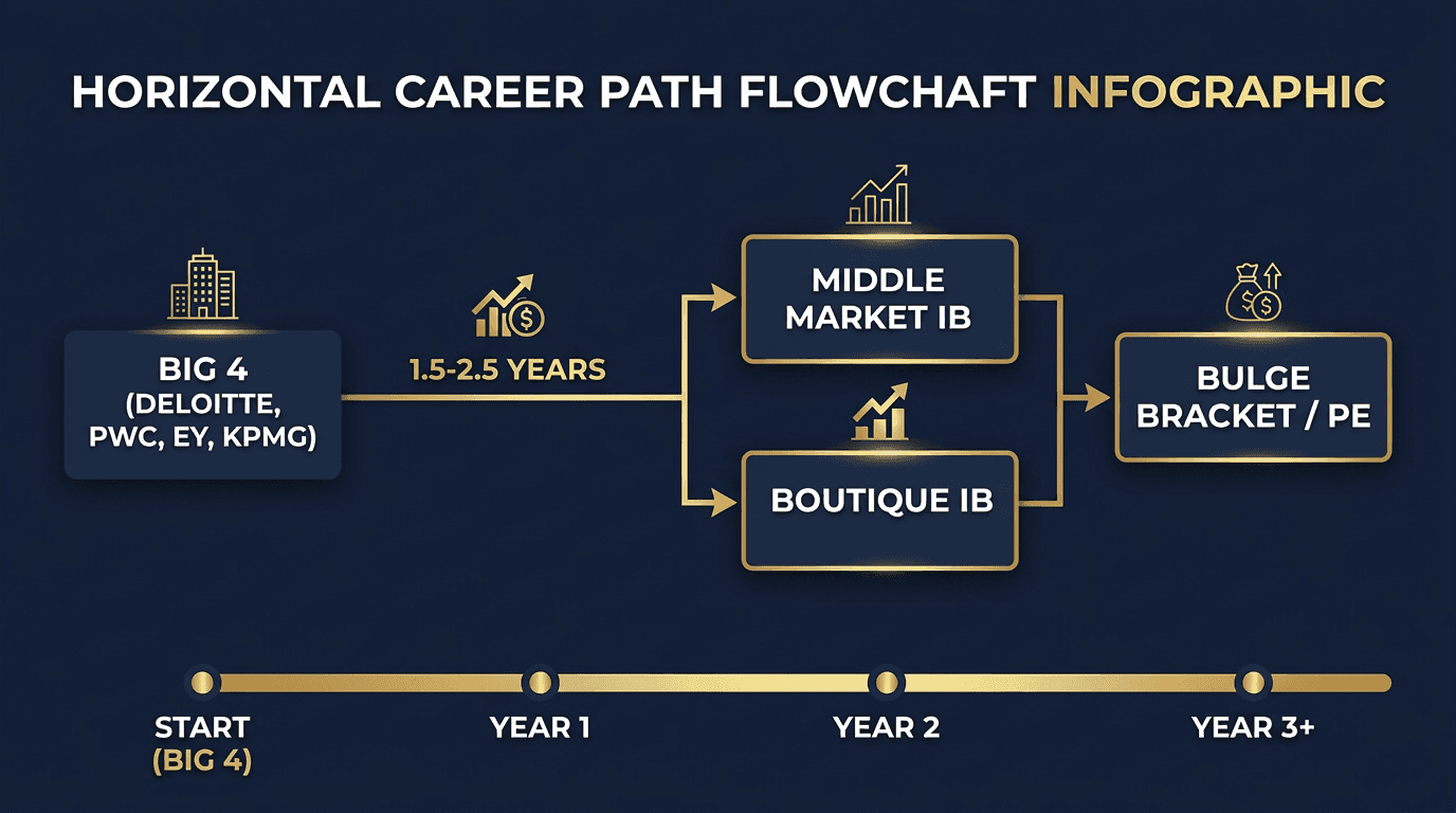 Career path from Big 4 accounting to investment banking: timeline from Deloitte, PwC, EY, KPMG to boutique and bulge bracket banks