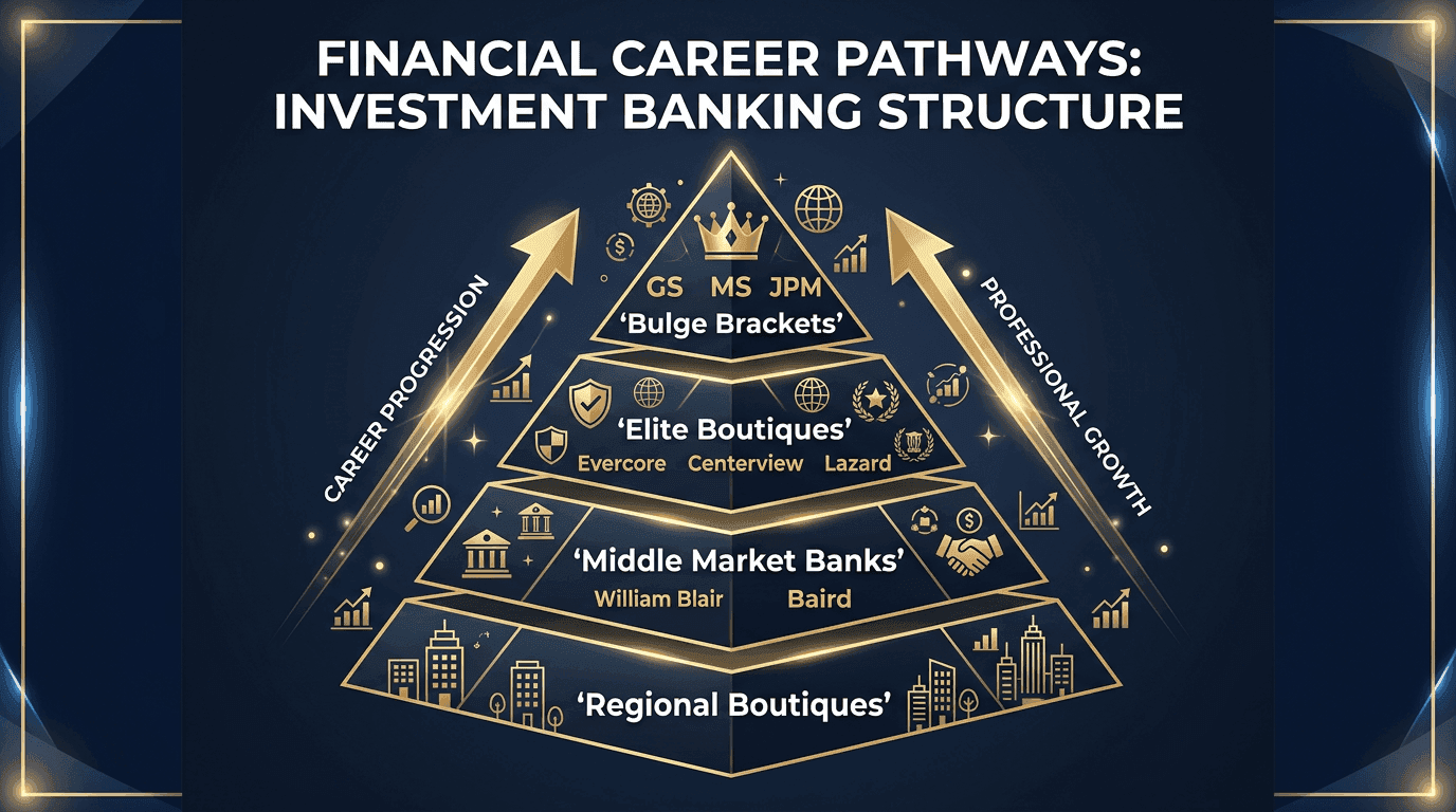 Investment banking hierarchy pyramid from regional boutiques to middle market to elite boutiques to bulge brackets
