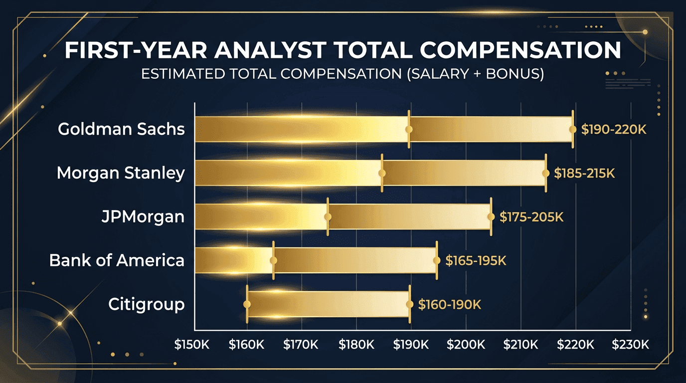 2026 bulge bracket first-year analyst total compensation comparison: Goldman Sachs, Morgan Stanley, JPMorgan, Bank of America, Citigroup
