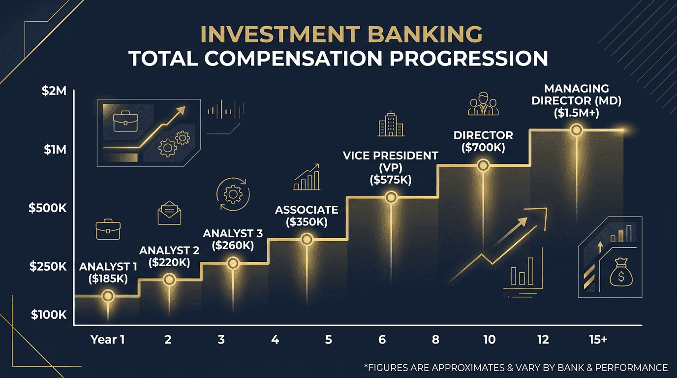 Investment banking compensation progression from Analyst to Managing Director: $185K to $1.5M+ over 15 years