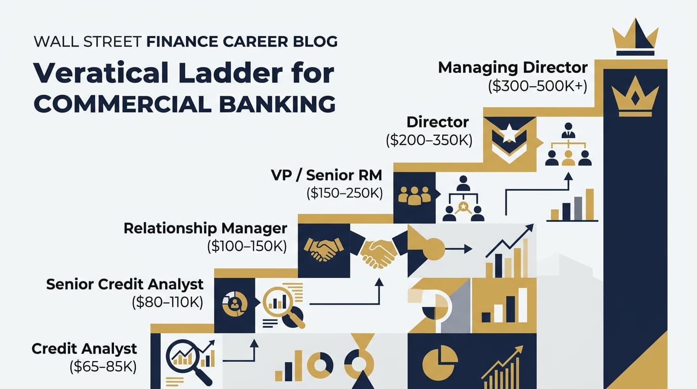Commercial banking career hierarchy from credit analyst to managing director with compensation ranges