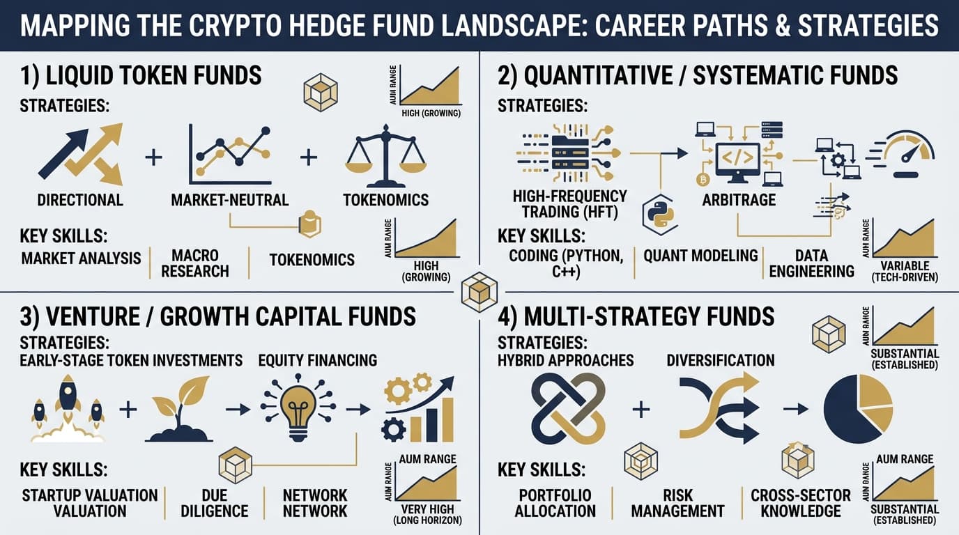 Crypto hedge fund landscape showing fund types, AUM ranges, and strategy categories from liquid token to venture-style funds