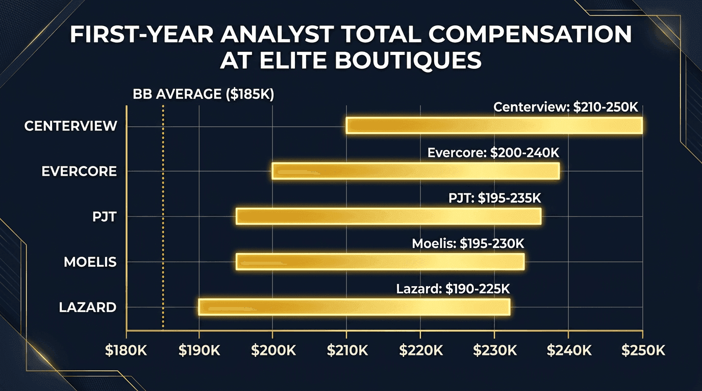 2026 elite boutique analyst compensation: Centerview, Evercore, PJT, Moelis, Lazard compared to bulge bracket average