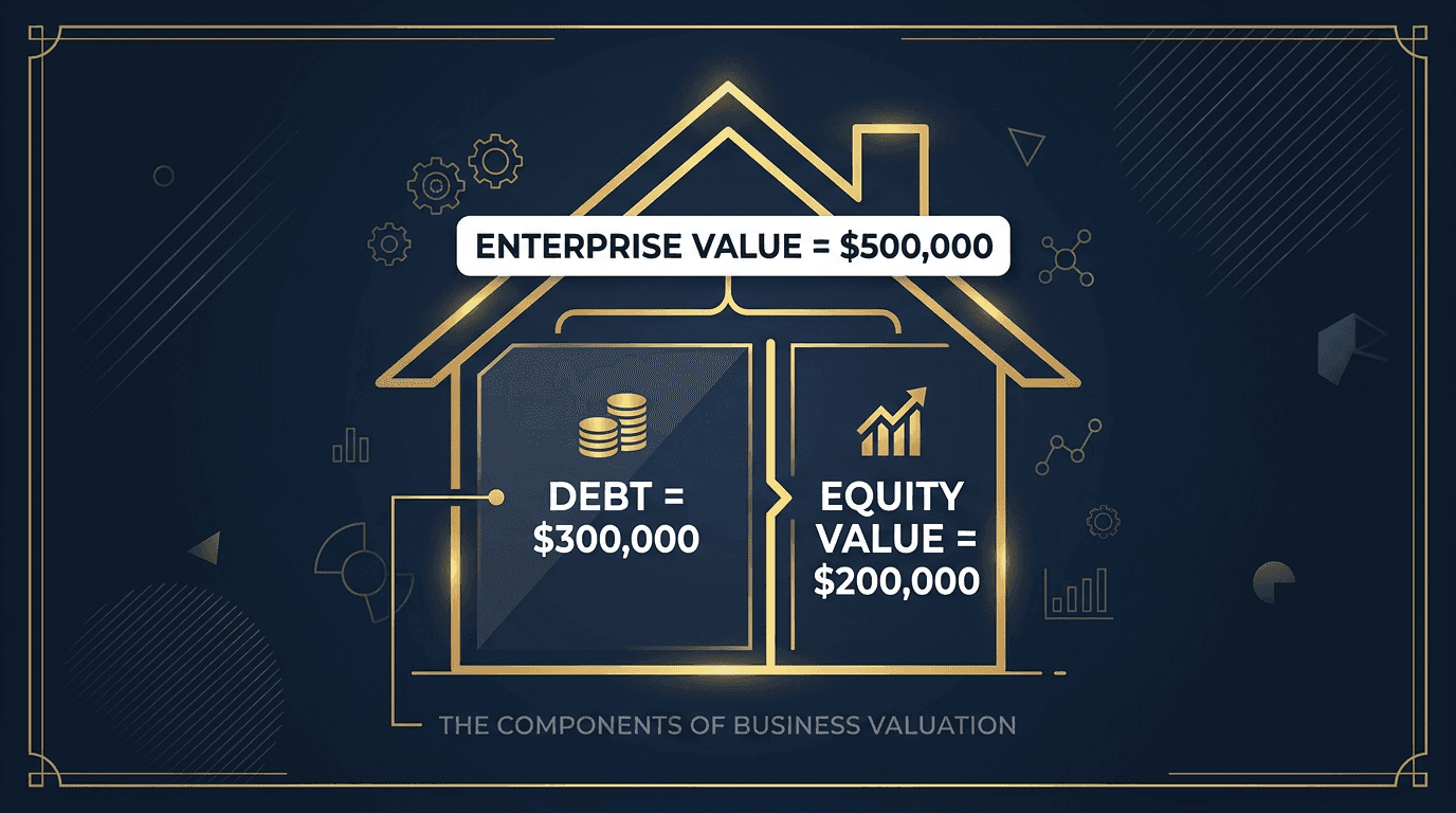 Enterprise value vs equity value explained with house analogy: total house value equals debt plus equity