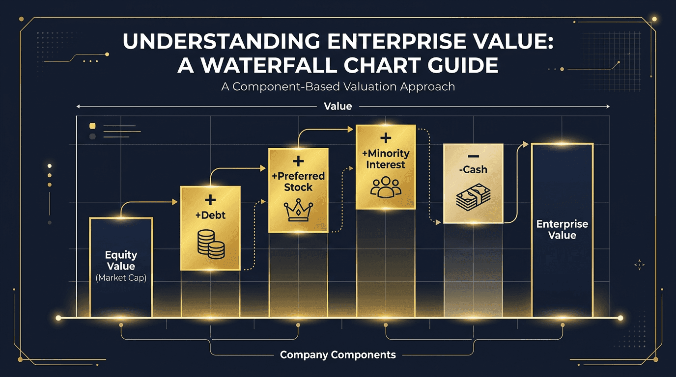 Enterprise value bridge: Equity Value plus Debt plus Preferred Stock plus Minority Interest minus Cash equals Enterprise Value