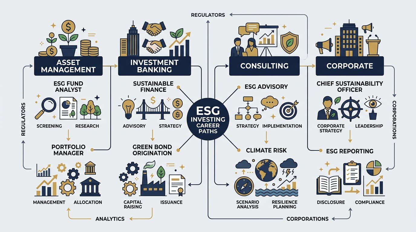 Overview of ESG investing career paths across asset management, banking, consulting, and corporate finance