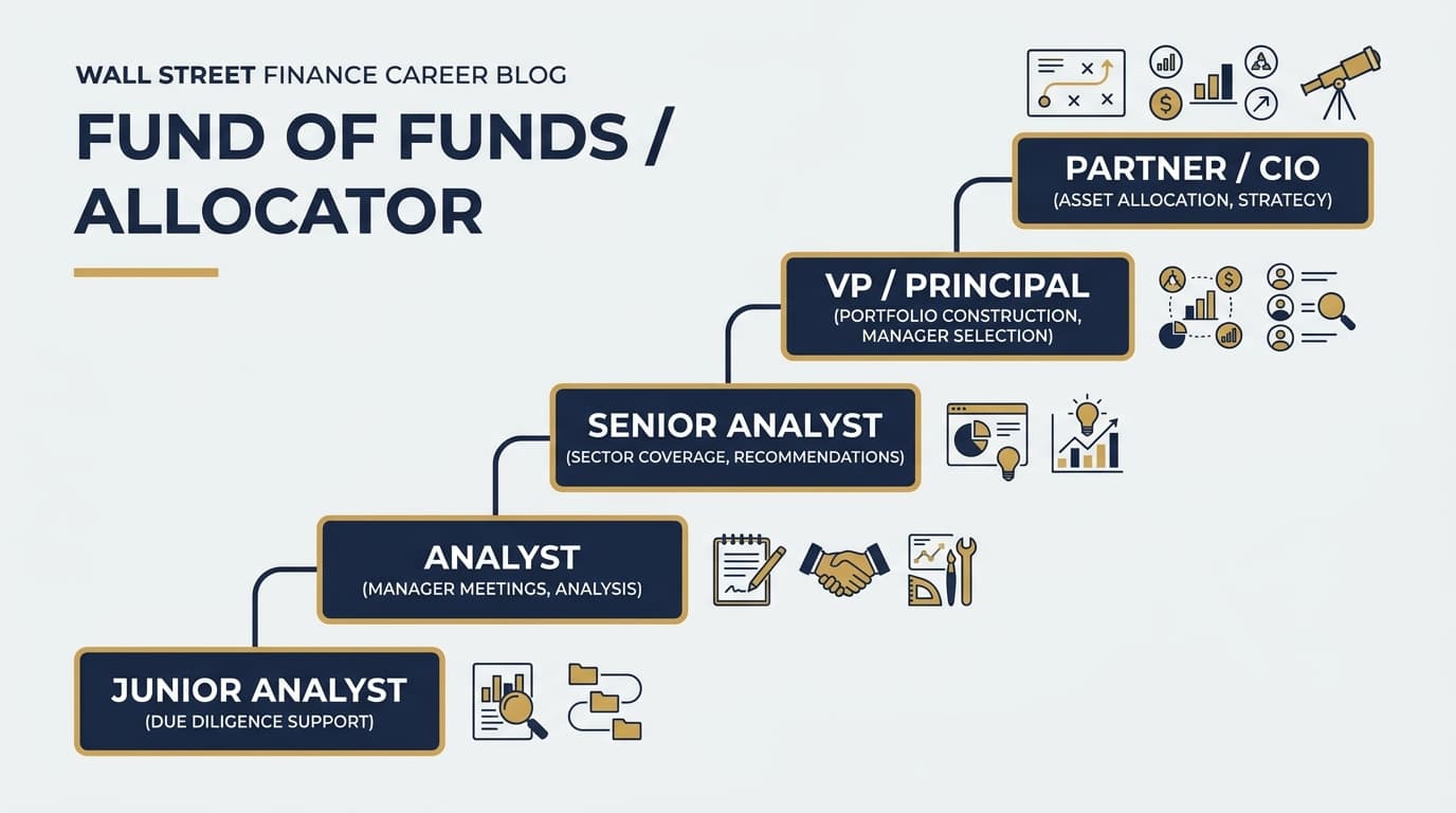 Fund of funds analyst career progression from junior analyst to CIO with key responsibilities at each level