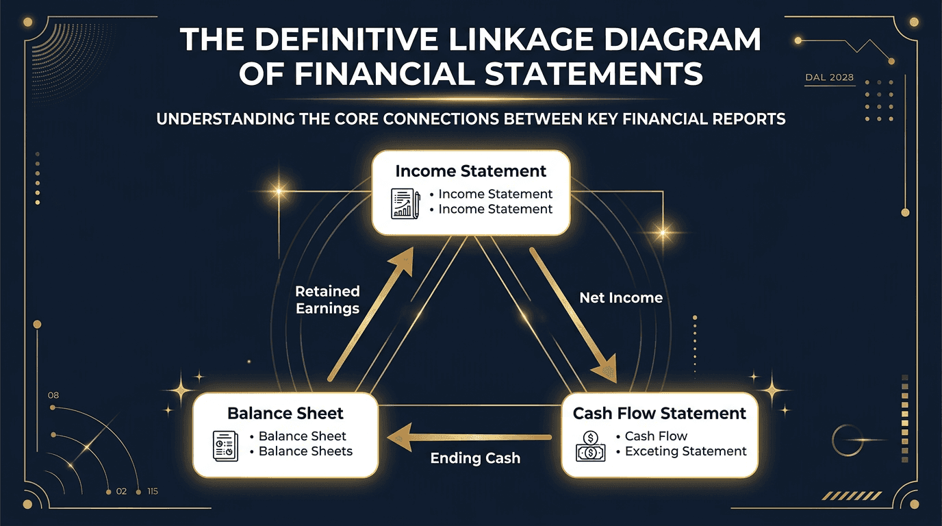 How the three financial statements are linked: Net Income, Ending Cash, and Retained Earnings flow between Income Statement, Cash Flow Statement, and Balance Sheet