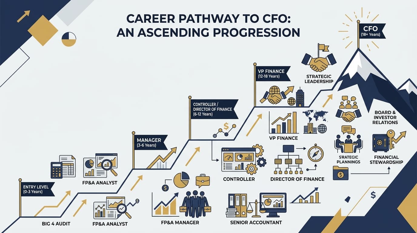 CFO career path progression from Big 4 through FP&A, controller, VP Finance, to Chief Financial Officer