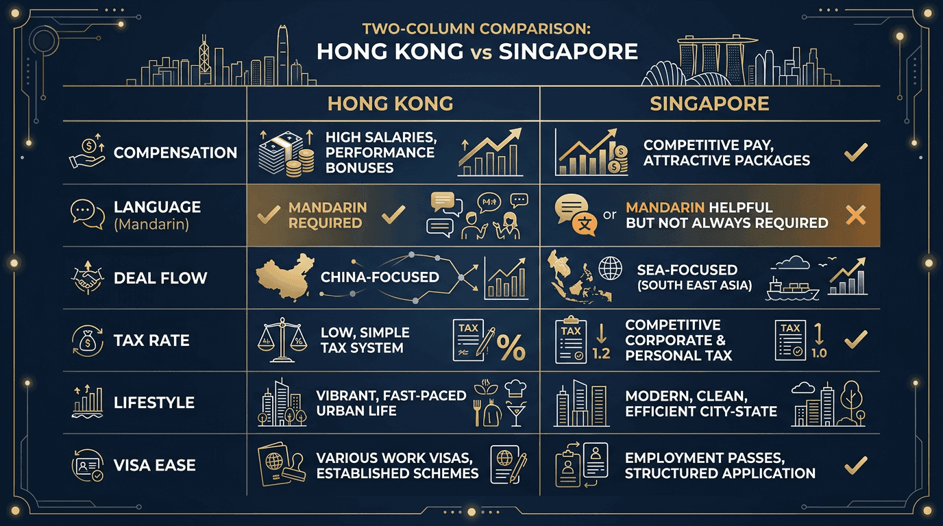 Hong Kong vs Singapore investment banking comparison: compensation, language requirements, deal flow, tax rates, and lifestyle factors