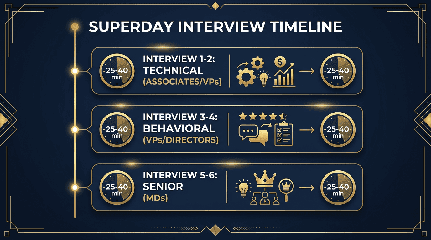 Superday interview schedule: 5-6 interviews progressing from Associates/VPs (technical) to VPs/Directors (behavioral) to MDs (senior fit)
