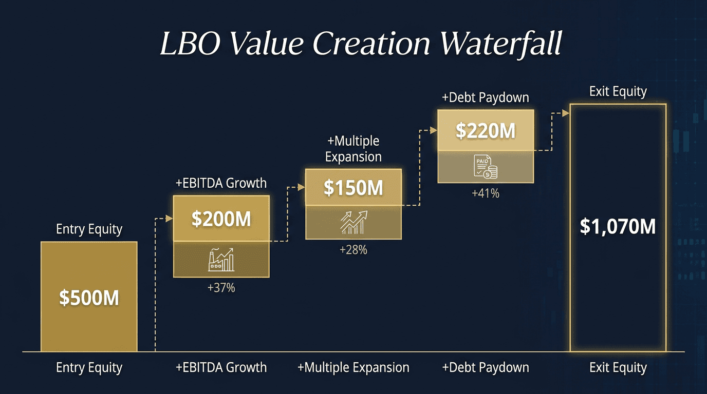 LBO value creation waterfall: Entry Equity to Exit Equity showing EBITDA Growth, Multiple Expansion, and Debt Paydown contributions