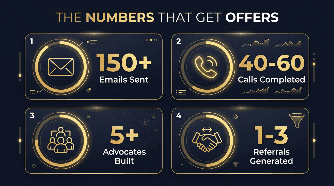Networking metrics that get offers: 150+ emails sent, 40-60 calls completed, 5+ advocates built, 1-3 referrals generated