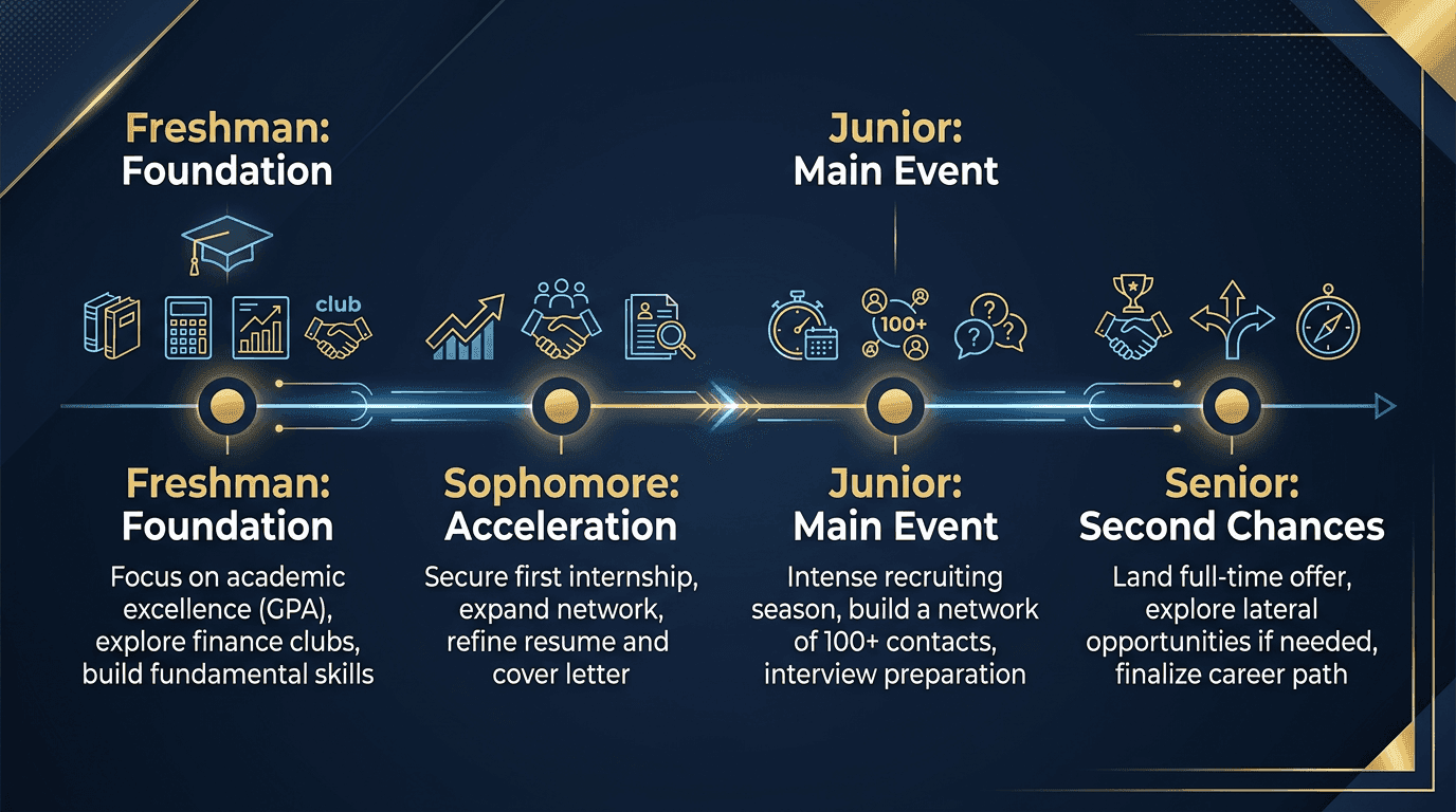 Non-target to IB timeline: Freshman foundation, Sophomore acceleration, Junior main event, Senior second chances with key actions each year