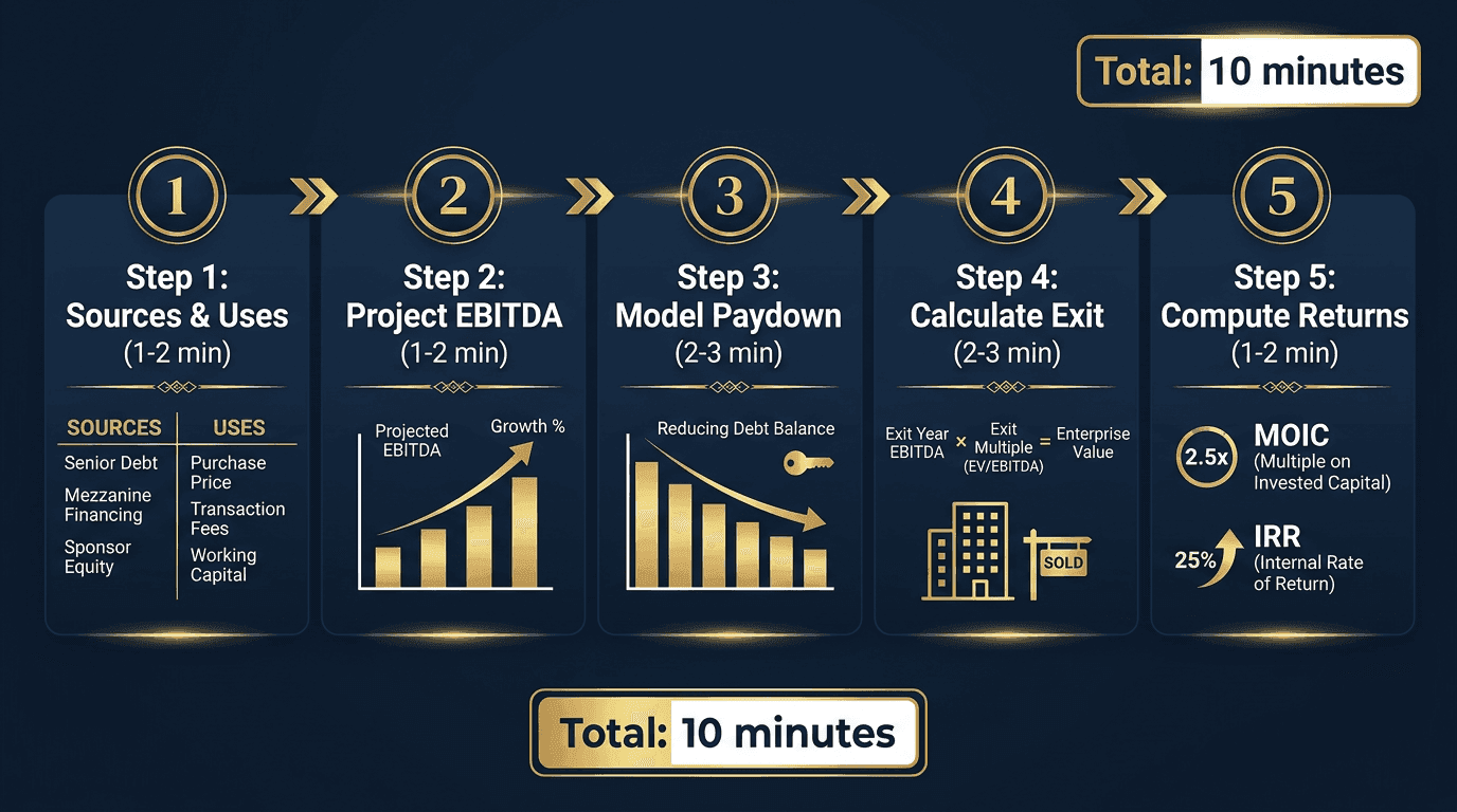 Paper LBO 5-step framework with timing: Sources & Uses, Project EBITDA, Model Debt Paydown, Calculate Exit, Compute Returns in 10 minutes