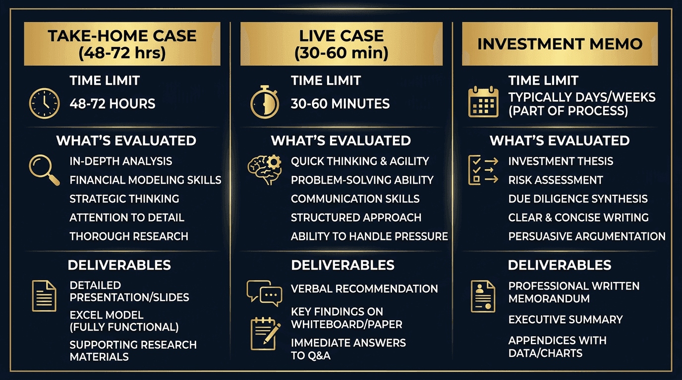 Three types of PE case studies compared: Take-Home Case (48-72 hrs), Live Case (30-60 min), and Investment Memo with evaluation criteria