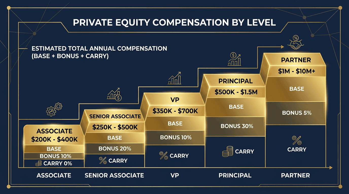 Private equity compensation by level: Associate $200-400K to Partner $1M-10M+ showing base, bonus, and carry components