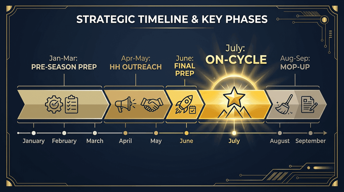 2026 PE on-cycle recruiting timeline: January-March prep, April-May headhunter outreach, June final prep, July on-cycle main event, August-September mop-up