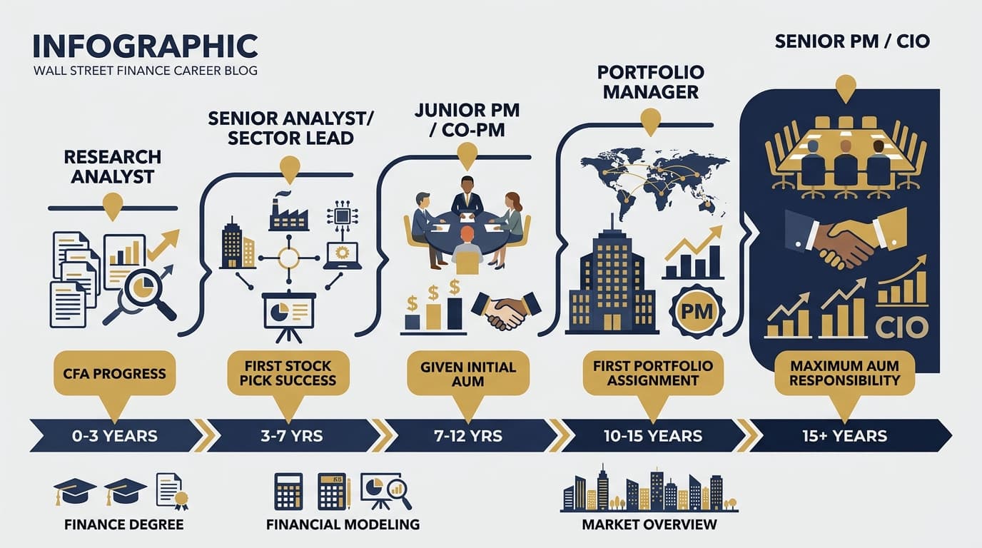 Portfolio manager career progression timeline from junior analyst through senior PM with typical years at each stage