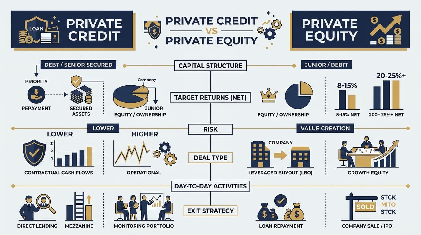Side-by-side comparison of private credit and private equity across deal types, returns, risk, and compensation