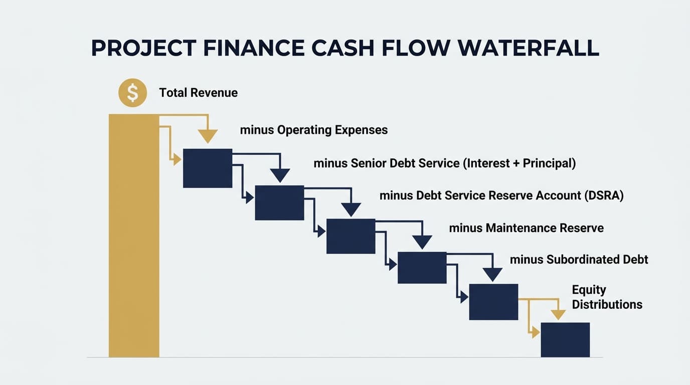 Project finance cash flow waterfall diagram showing revenue flowing through operating expenses, senior debt service, DSRA, maintenance reserve, and equity distributions