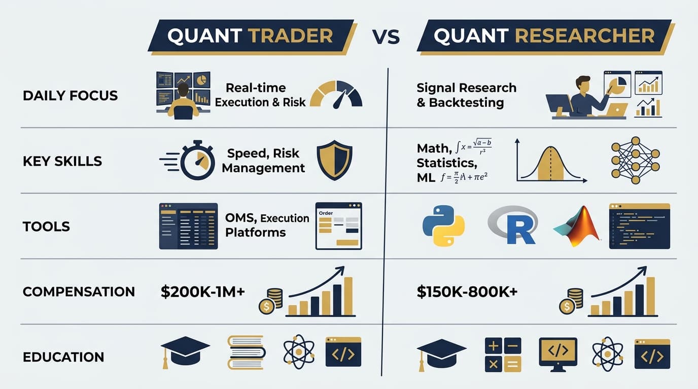 Side-by-side comparison of quant trader and quant researcher roles showing key differences in skills, focus, and compensation