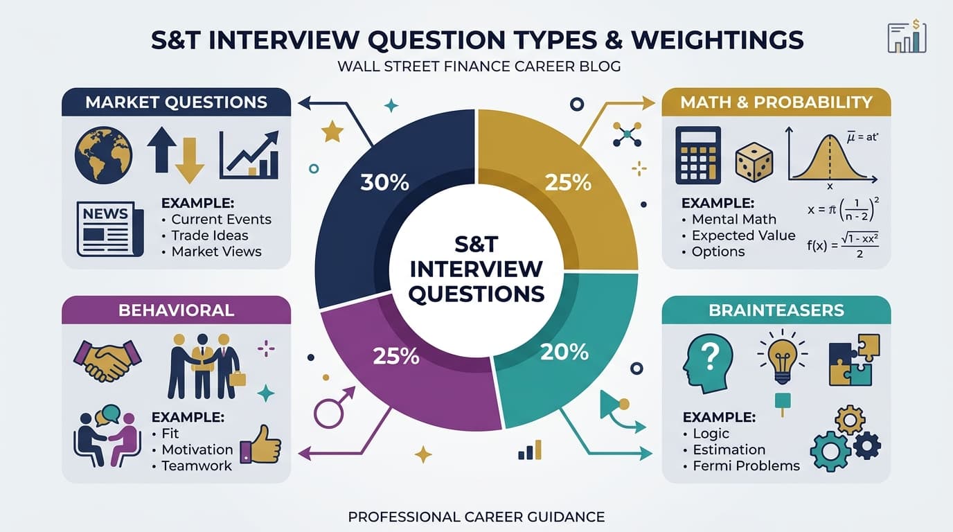 Sales and trading interview question categories: market questions, math and probability, brainteasers, and behavioral with relative weightings