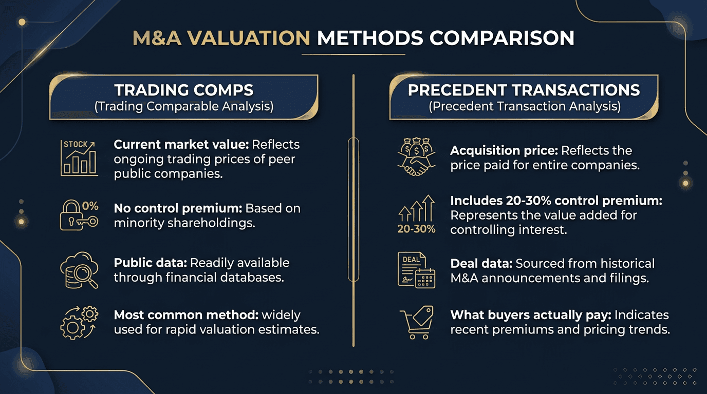 Trading comps vs precedent transactions comparison: current market value vs acquisition price, control premium differences, and data sources