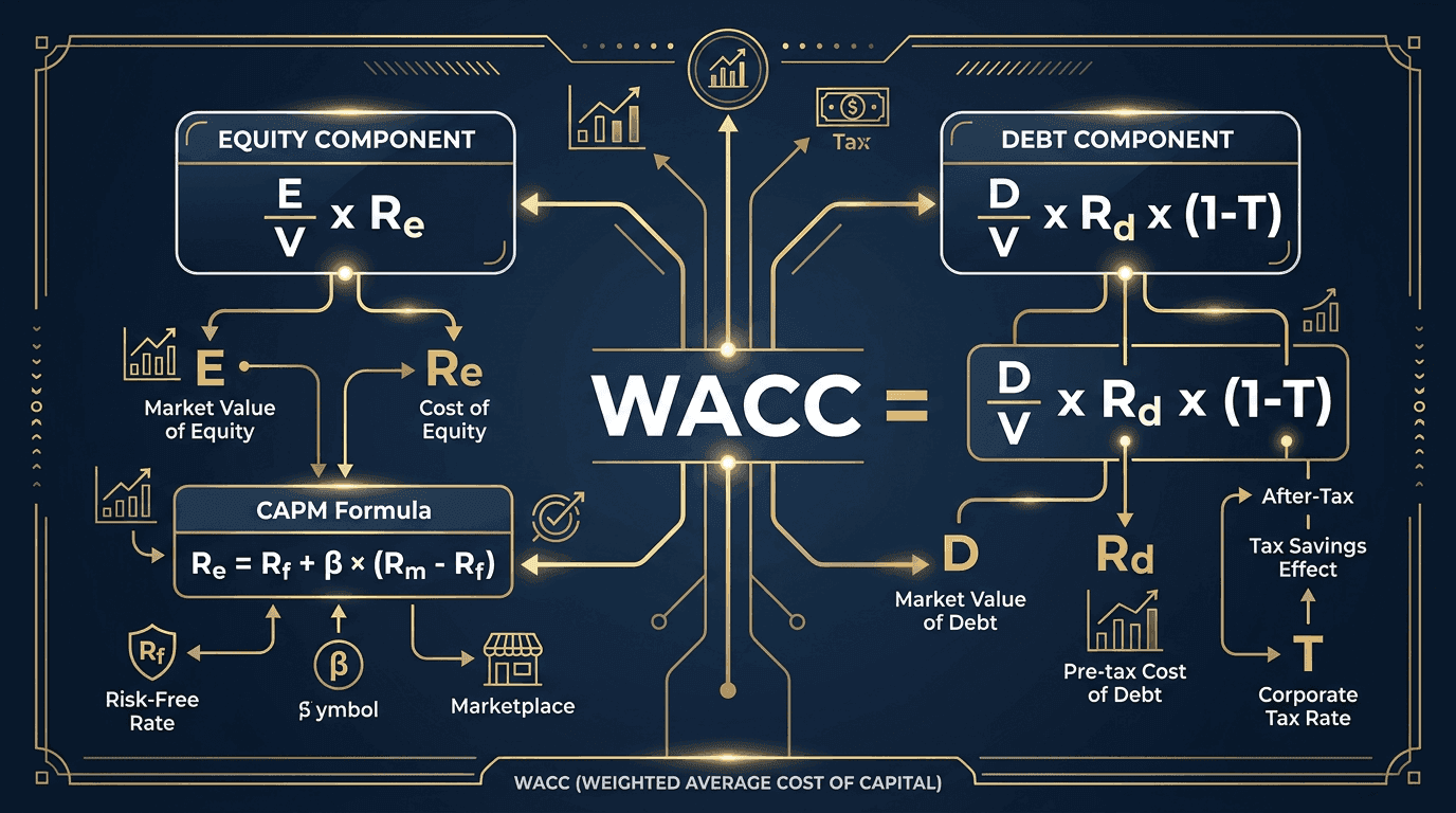 WACC formula deconstructed: Equity component (E/V × Re via CAPM) plus Debt component (D/V × Rd × (1-T)) tree diagram