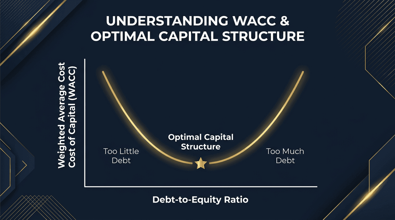 Optimal capital structure graph: U-shaped WACC curve showing the minimum point as optimal debt-to-equity ratio
