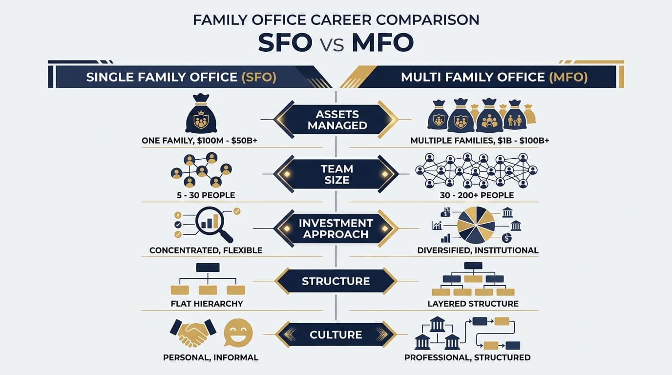 Comparison of single family offices and multi family offices across structure, assets, team size, and investment approach